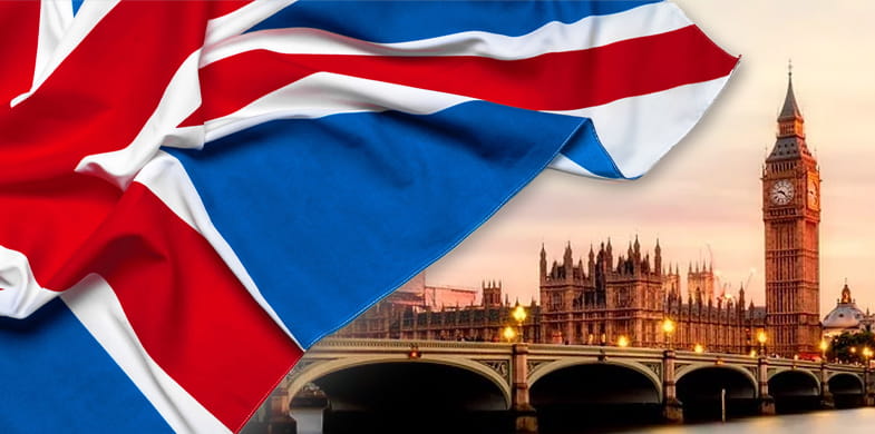 La bandera nacional del reino Unido y una vista de Londres