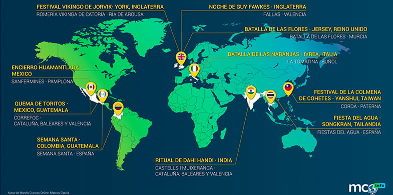 Mapa del mundo con fiestas nacionales con similares internacionales.