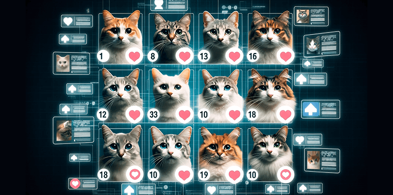 Fotografía de 10 gatos destacados rodeados de íconos digitales de popularidad en internet.