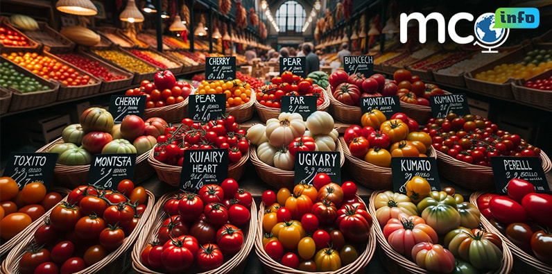 Tipos de tomates en cestas situadas en un mercado tradicional.